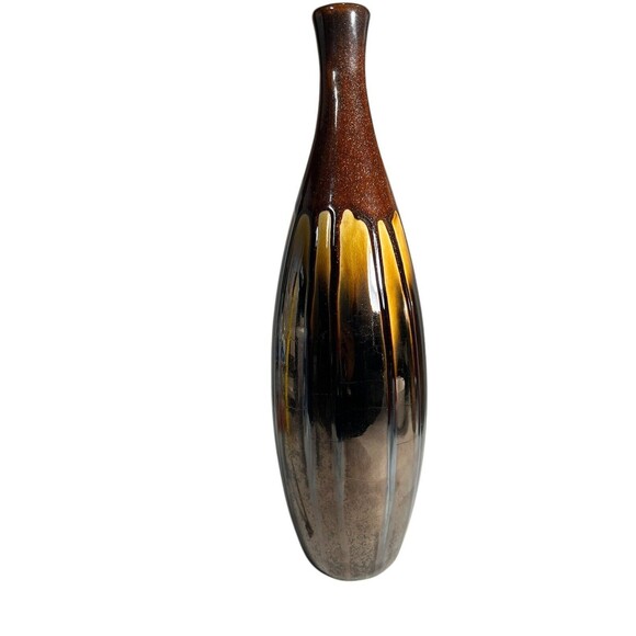 Lacquer Gold Brown Shimmer Drip Foiled Ceramic Vase TableTop Home Decor Art Deco - Picture 12 of 12